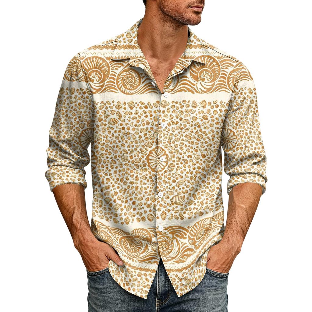 Men's Loose Fit Long Sleeve Shirt Hawaiian Style Button Down Collar Casual Vintage Design Lightweight Breathable Fabric Suitable for Spring Autumn
