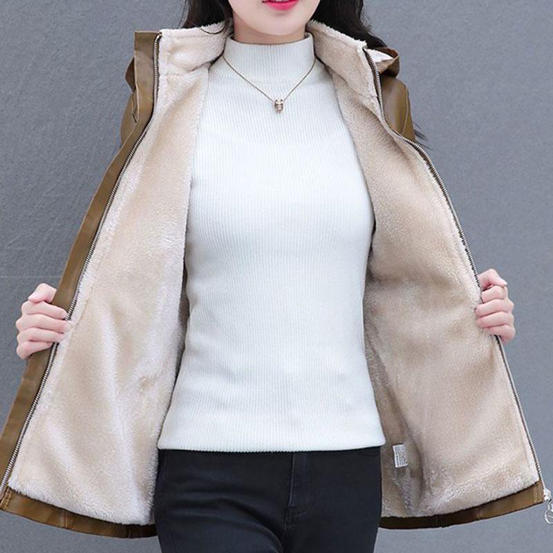 Autumn Winter Women's Fleece Leather Jacket Mid-Length Slim Fit PU Hooded Leather Jacket Flocked Thick Warm Leather Coat