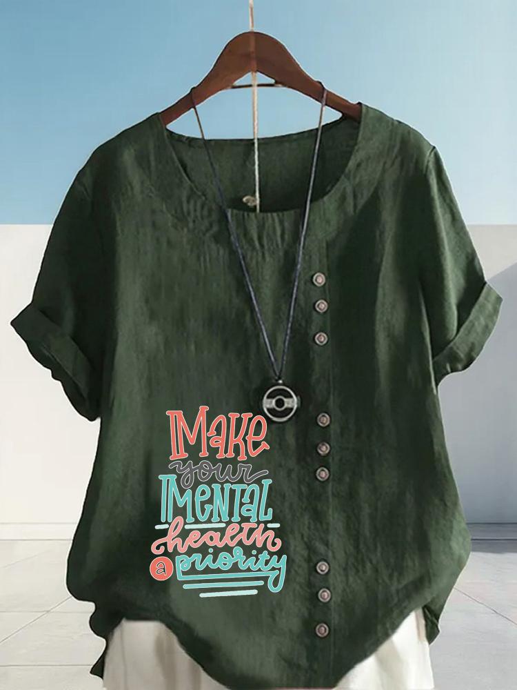 Women's Fashion Multi-color Letters Print Round Neck Short Sleeve T-shirt Summer Casual Cotton Linen Graphic Shirt Leisure Loose Blouse Tops