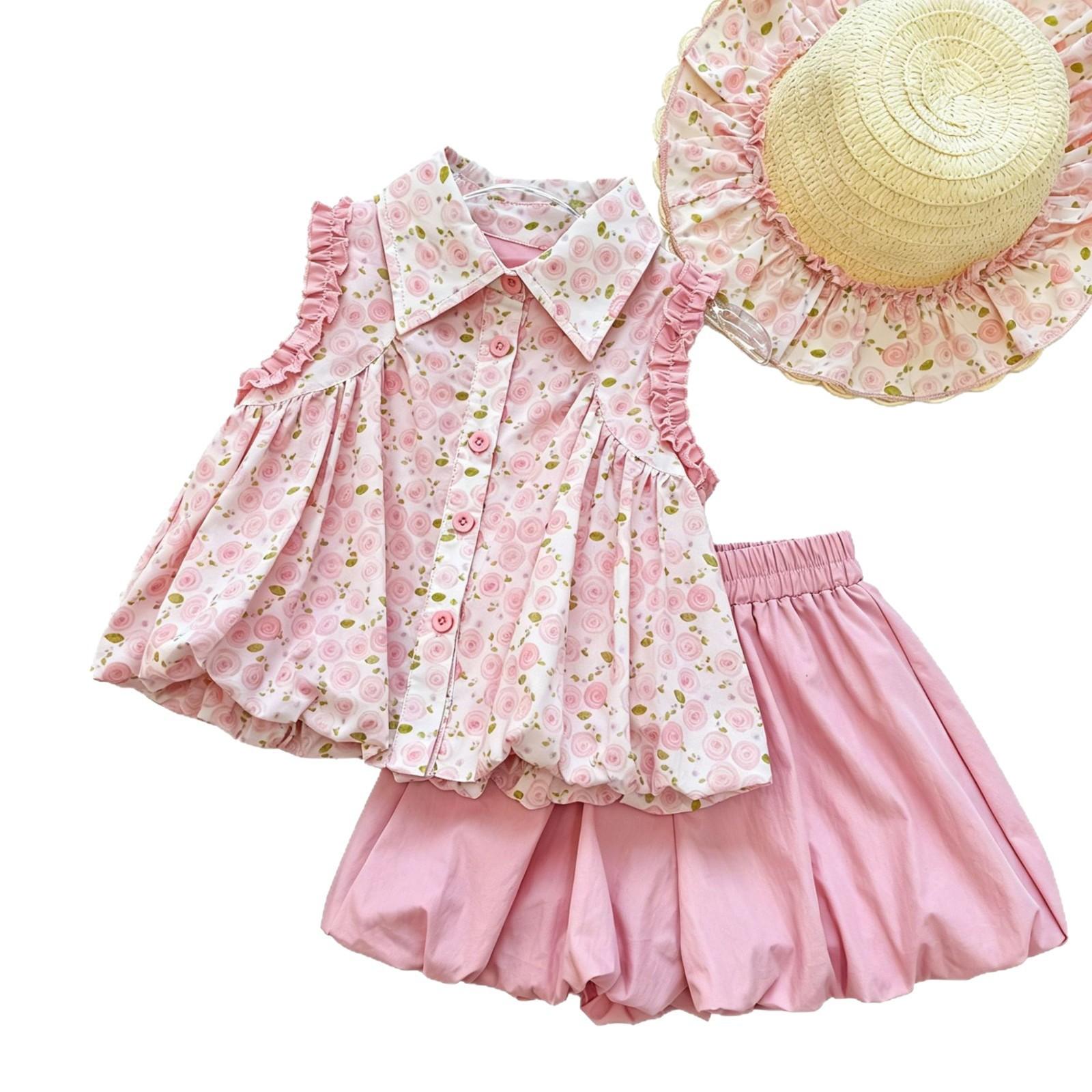 Girls Summer Floral Ruffle Sleeveless Top And Bud Shorts Set Kids Fashion Casual Two Piece Outfit For Little Girls 90cm