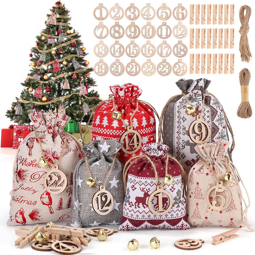 Wiederverwendbare Stoffbeutel Polyester Jute Kordelzugbeutel Adventskalenderbeutel Dekorativer DIY-Adventskalender für den Weihnachtsbaum