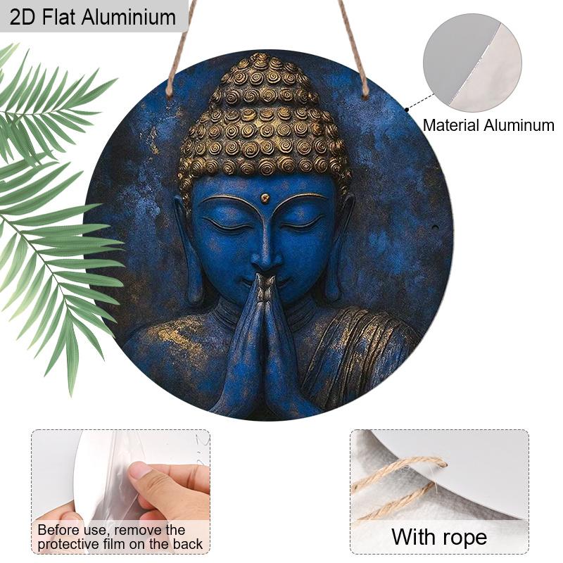 2D Flat Aluminum Vintage Blue Zen Buddha Putuo Round Metal Sign, Man Cave Wall Art Sign for Front Door, Zen Garden Accessories & Meditation Room