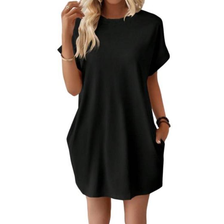 

Summer Women Mini Dress Casual Loose Dolman Sleeve Round Neck Short Sleeves Side Pockets Above Knee Length Solid Color Soft Breathable Lady Dress L чёрный