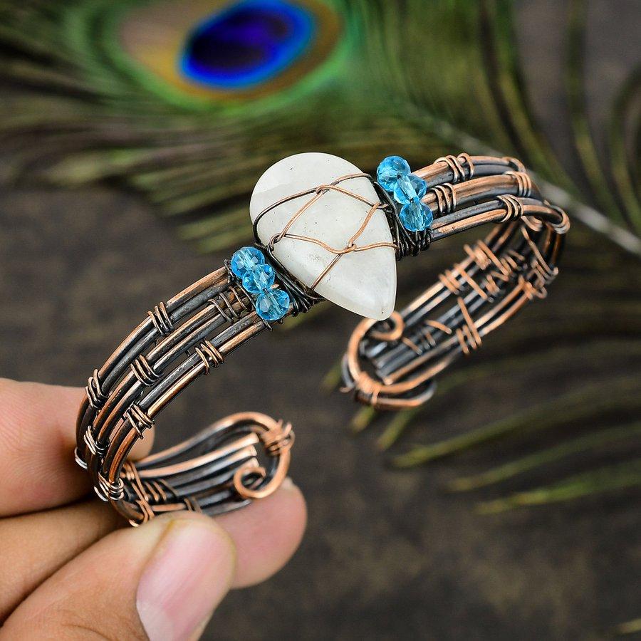 Natural Rainbow Moonstone Gemstone Copper Wire Wrap Cuff Bangle Adjustable C5g43
