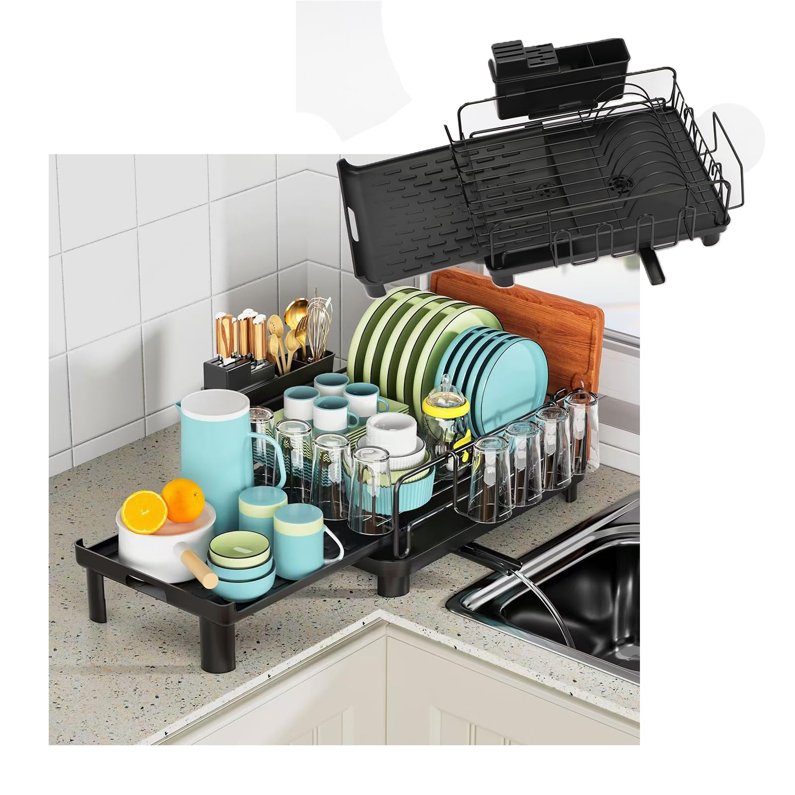 

Poxvalzor Dish Dish Dish Expandable Automatic Air Easy to Dish Drying Cutting Board Chopstick Sponge Knife Draining Board Dish Kitchen Drainer, чёрный