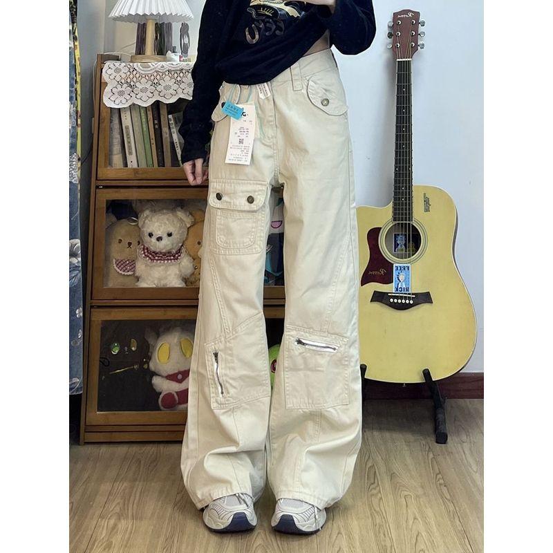 

145 Small Pocket Design Parka New Arrival High Waist Denim Female Spring Loose Draggle-Tail Straight Trousers Sand White small section XL