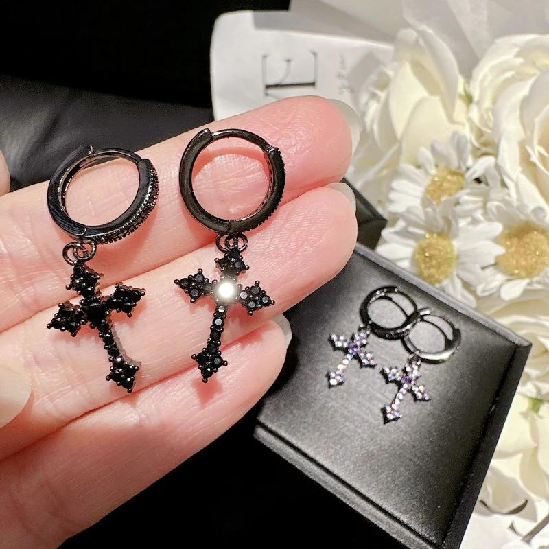 Fashion Luxury Temperament Rhinestone Cross Dangle Earrings for Women Minimalist Personalized Ear Buckle Accessories Jewelry