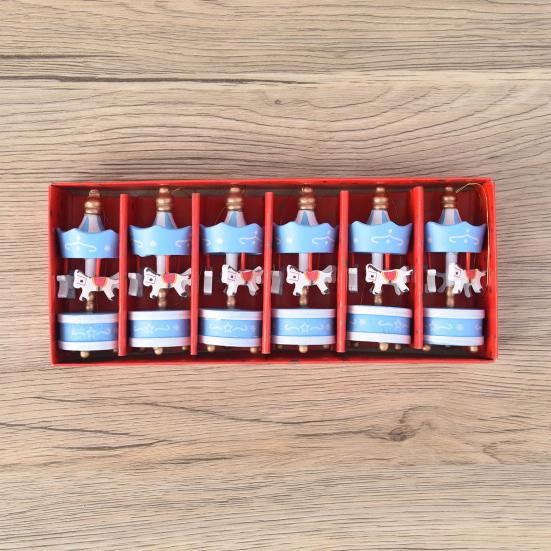 6Pcs Wooden Carousel Christmas Ornament Xmas Tree Hand-painted Merry-Go-Round Hanging Decoration Home Office Holiday Party Pendant