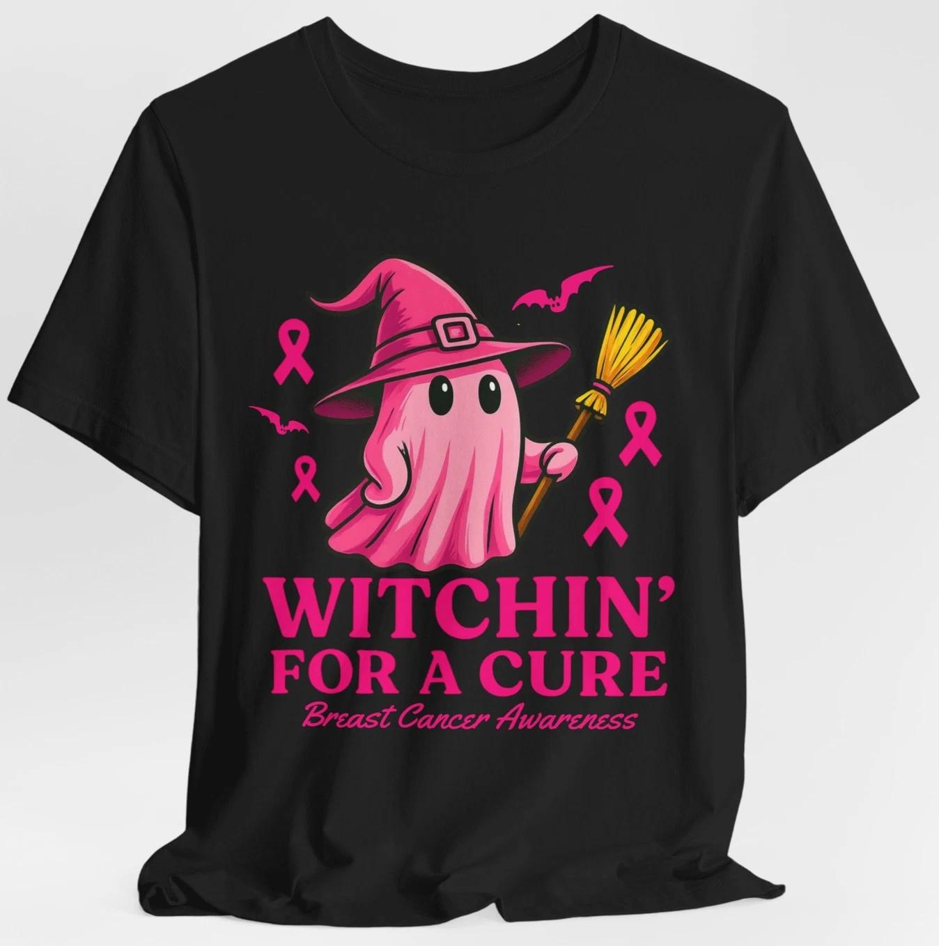 Witchin For A Cure Breast Cancer Awareness Pink Ghost Witch t shirt, Fundraising L