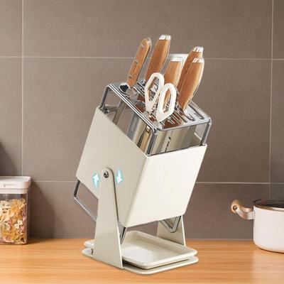 Rotating Knife Block for Kitchen Cutlery Organizer Stainless Steel Storage Rack with Draining Tray