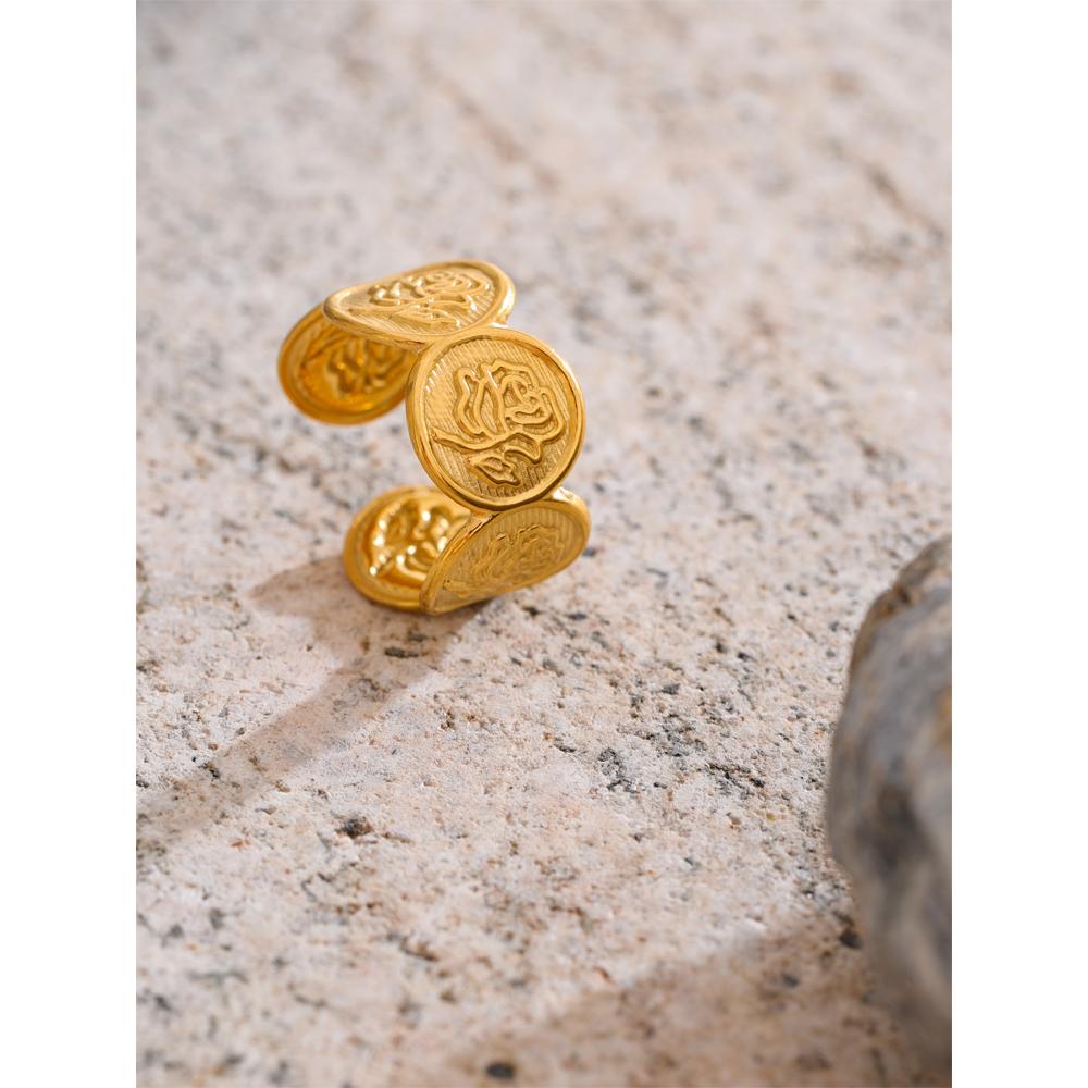 Eetit Adjustable Stainless Steel Flower Shape Open Ring 18K Golden PVD Plated Texture Popular Jewelry Recommend Gift