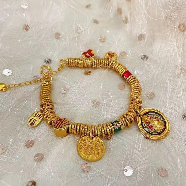 Ancient Sand Gold Enamel Yellow God Of Wealth, Entangled Bracelet, Five-Way God Of Wealth Small Fat Blessing National Style