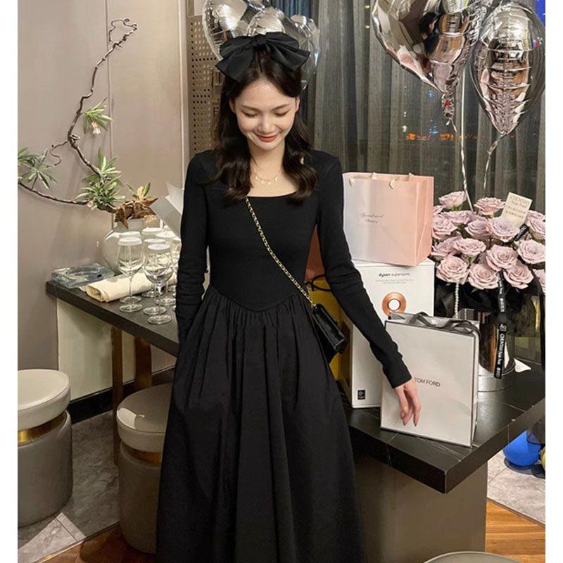 Women's French Black Dress Long Sleeve Autumn Winter High-End Underskirt Maxi Dress