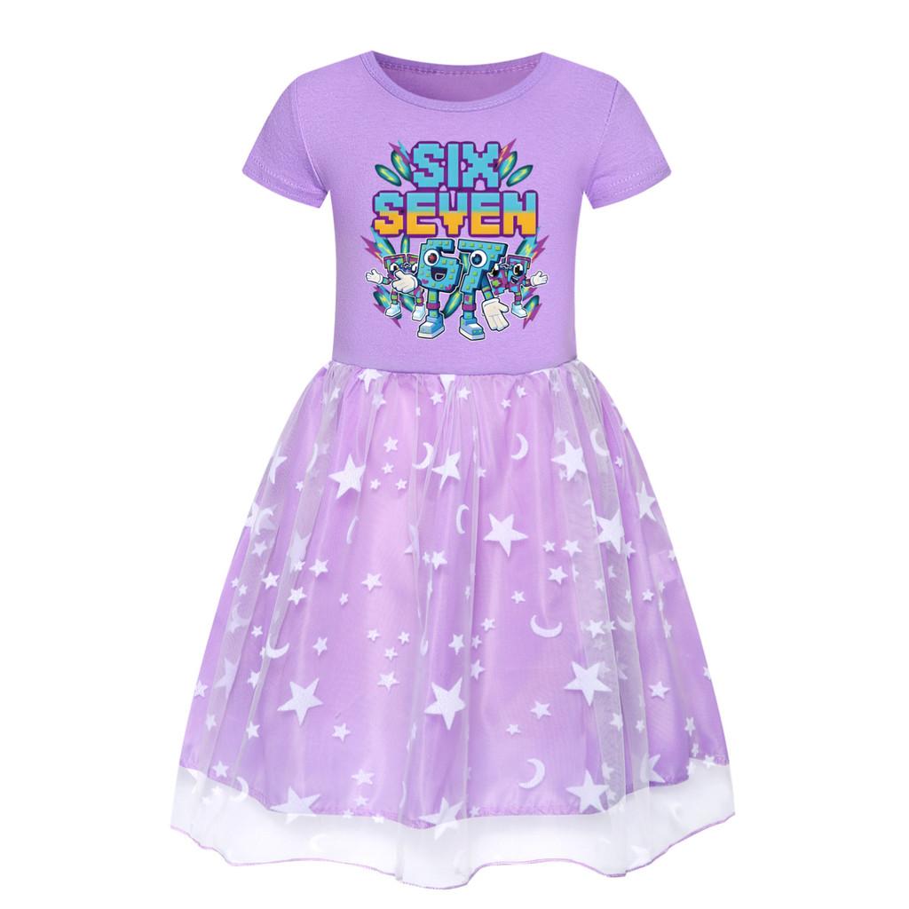 5220 Kids Girls Steal a Brainrot 67 Six Seven Print Mesh Rainbow Round Neck Casual Casual Cotton Dress