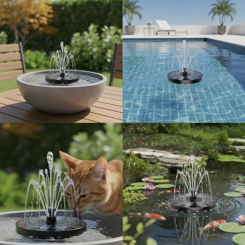 High Efficiency Solar Fountain Pump with 6 Spray Nozzles Adjustable Water Pattern for Bird Bath Garden Pond Pool Courtyard