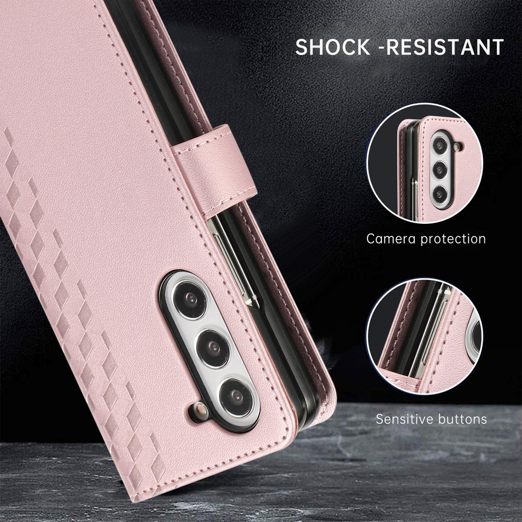 For Samsung Galaxy Z Fold7 5G Case 3D Rhombus Grid Imprinted Wallet Leather Phone Cover with Lanyard