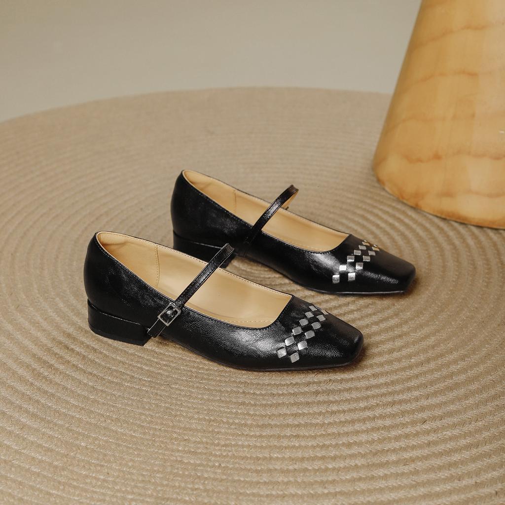 French Silver Square Head Single Shoes Women's Low Heels Autumn 2025 New One-word Buckle Versatile Mary Jane High Heels