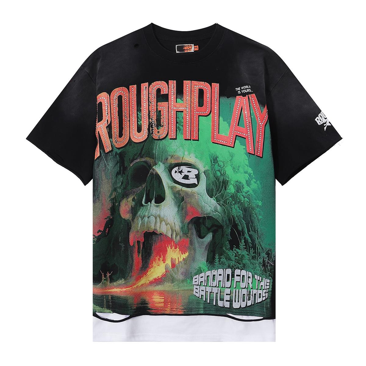 Unisex Vintage Washed T-Shirt, Skull Print with Rhinestone Letter, Distressed Layered Streetwear Tee S