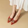 Special Heel Slip Single Shoes Autumn New Pointed Toe Suede Rhinestone Round Buckle Slip-on Slip-off Kitten Heels
