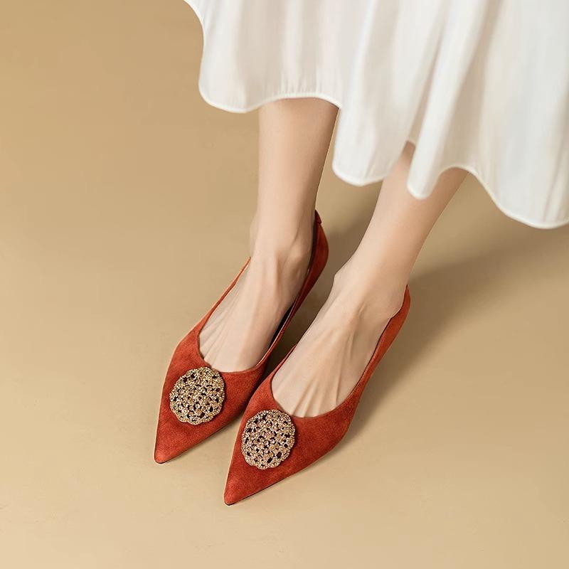 Special Heel Slip Single Shoes Autumn New Pointed Toe Suede Rhinestone Round Buckle Slip-on Slip-off Kitten Heels