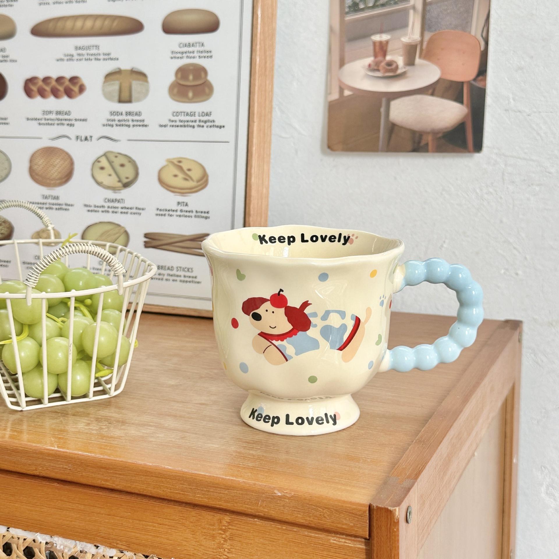 

Wind Ceramic Mug Cute Polka Dot Puppy Ceramic Mug Home Breakfast Coffee Water Cup Practical Gift 301-400ml