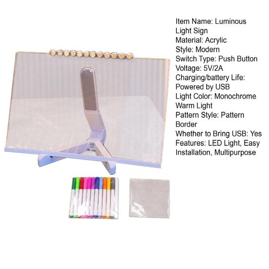 LED Acrylic Message Board with 12 Colored Markers Easy To Wipe Angle-Adjustable Tripod USB Power Cord Colorful Glow Light Sign