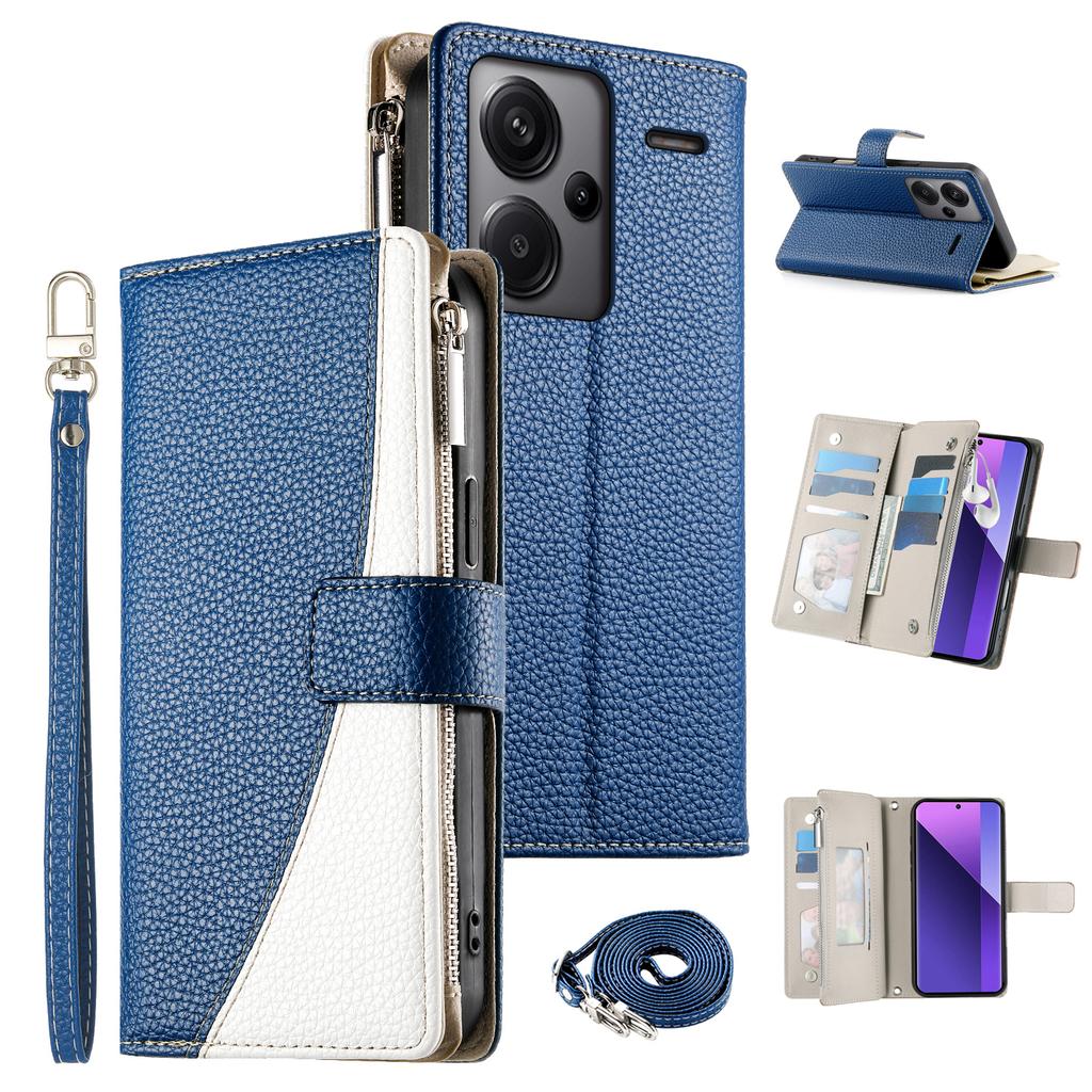 For Xiaomi Redmi Note 13 Pro+ 5G Case Zipper Wallet Color Splicing Leather Flip Phone Cover with Straps