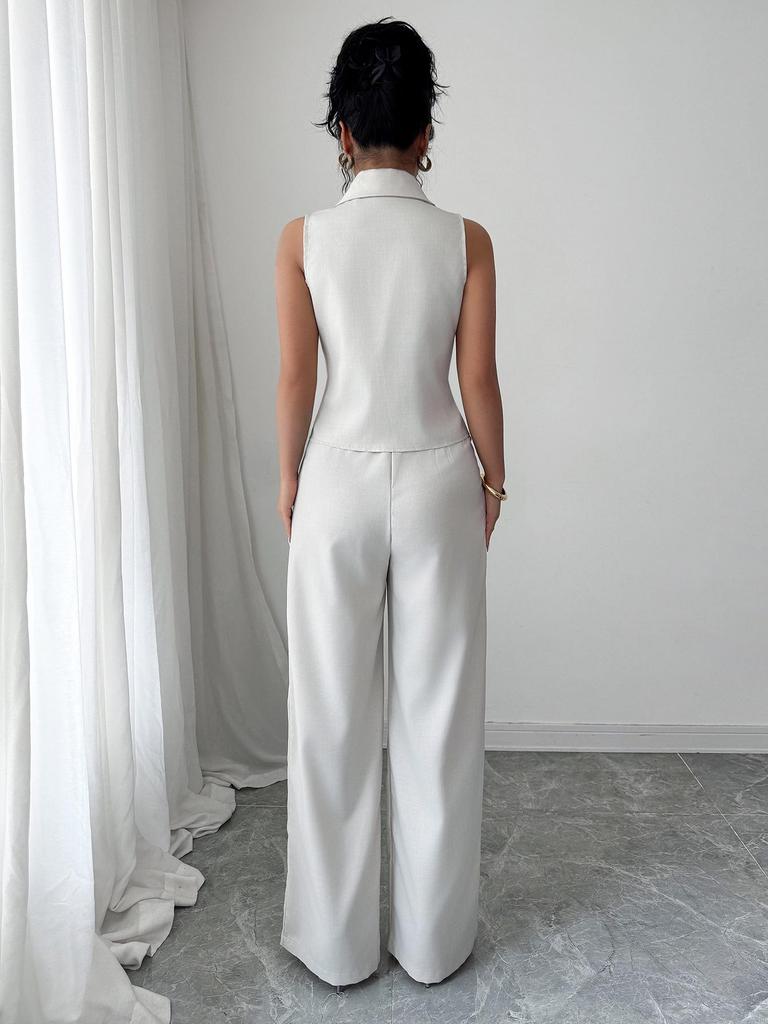 Set de vară în stil francez european-american cu vestă cu nasturi și pantaloni lungi pentru femei - 2025