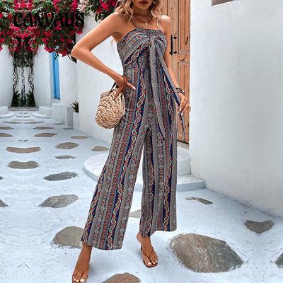 Sommer Damen Jumpsuit Ethno Neckholder Jumpsuit mit weitem Bein