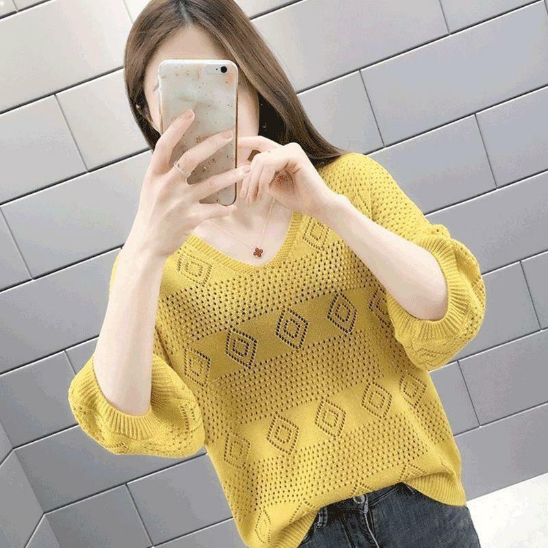 Spring and Summer V-neck Hollow Out Knitted Sweater for Women Loose Korean Version Bat Top for Women