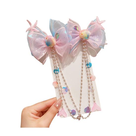 Girl Hair Pin Bowknot Starfish Shell Faux Pearls Chain Decor Kids Hair Clip Princess Headwear Hair Accessories