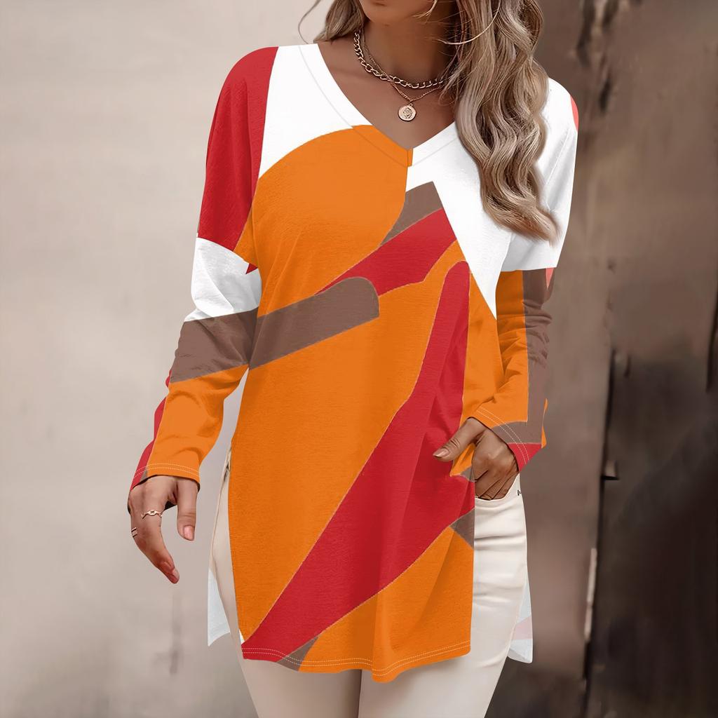Women's Fashion Long Sleeve Shirts Print Loose Fitted V-Neck Basic Tops Casual Outfits
