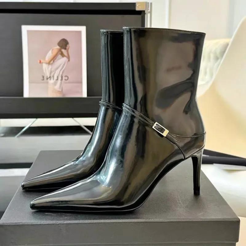 Black Leather Sexy Pointed Toe High Ankle Boots Women Fashion Metal Buckle Side Zip Design Heels Botas Mujer Elegant Woman Shoe