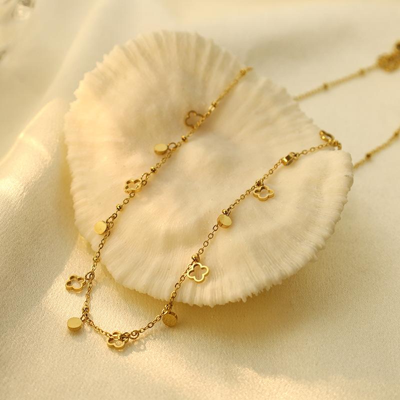 Titanium Steel Multi-Pendant Neck Chain, Stainless Steel 316 Material Four-Leaf Clover Ball Personalized Simple Collarbone Chain Necklace Necklace