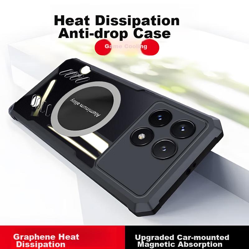 Heat Dissipation Phone Case for Xiaomi Redmi K70/K70Pro, Full Lens Protection, Shockproof, Corners, Transparent, Metal Magnetic Cooling Fans, Black