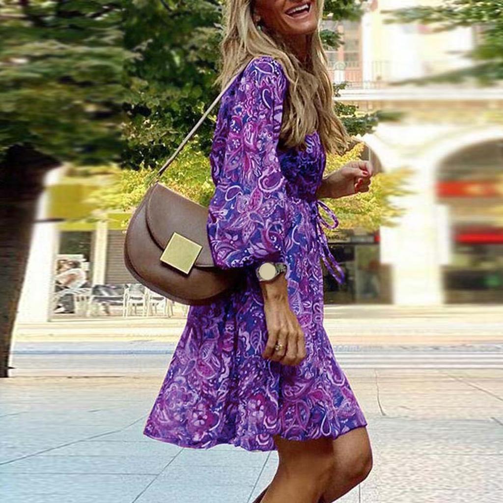 Women Mini Dress V Neck Mid Waist Colorful Floral Print Loose Three Quarter Sleeves Split Hem Above Knee Length Female Dating Party Dress