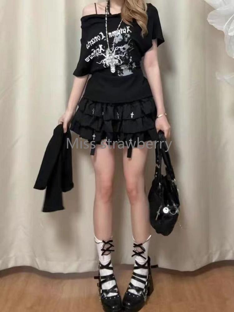 Letní gotická slim černá trička s potiskem dámská hot girl Y2k nová trička s krátkým rukávem dámská high street retro estetické oblečení