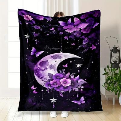 Purple Butterfly Moon Night Sky Wall Art Print PosterBlanket Flannel Throw Blanket for Sofa, Bed, Travel, Camping, Office