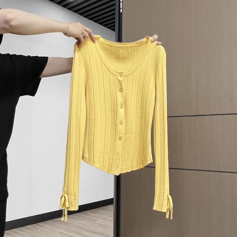 Yellow Premium Long Sleeve Lace-Up Crew Neck Button Knitted Cardigan Women's Spring Slim-Fit Top