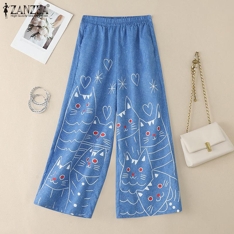 ZANZEA Women Casual Elastic Waist Loose Print Pants