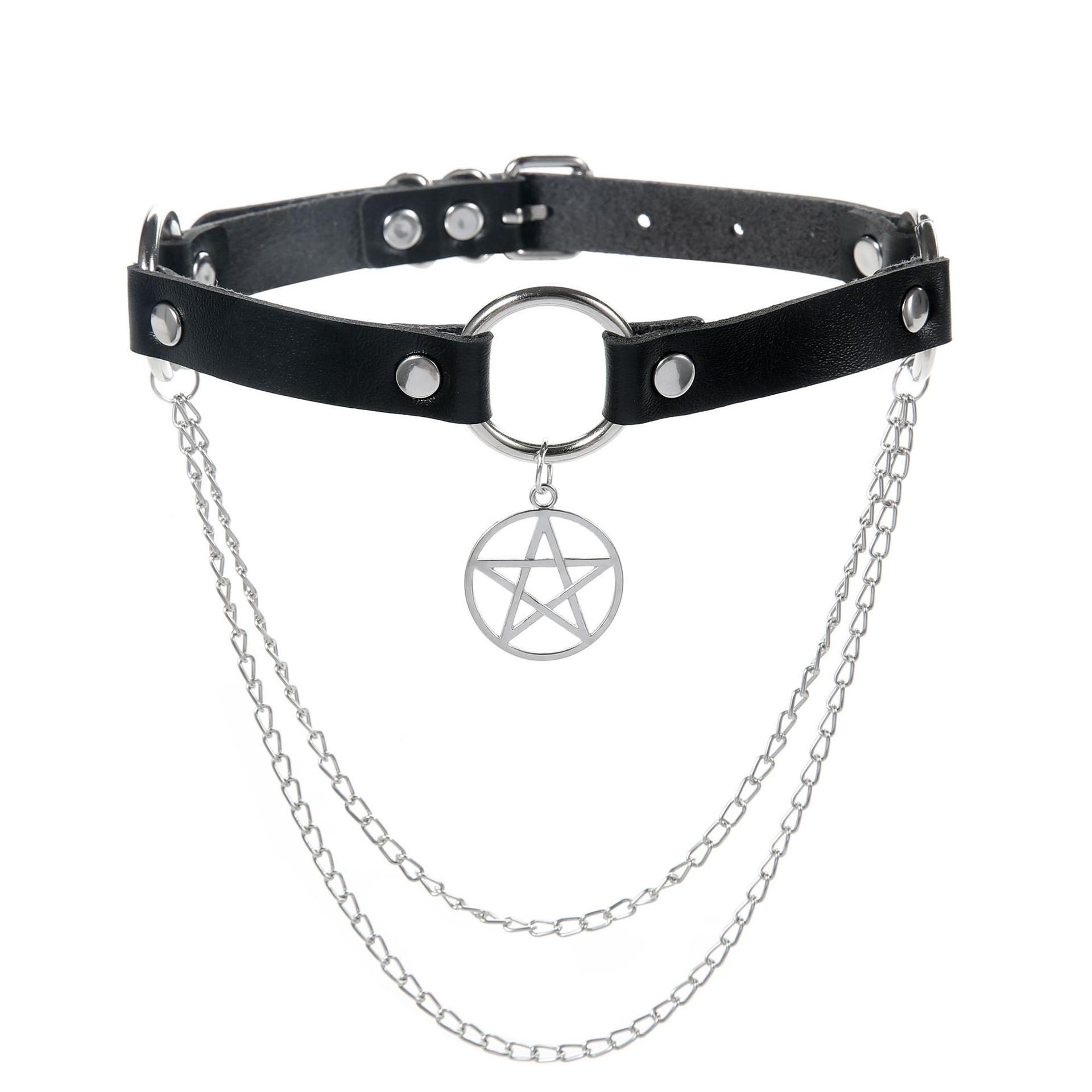 Harajuku Goth Punk PU-Leder Quaste Kette Hohl Pentagramm Anhänger Halsketten Damen Herren Boho Emo Gothic Choker Halskette Schmuck black