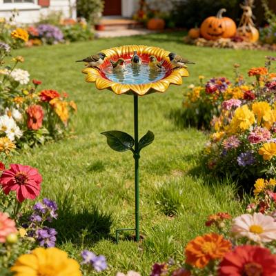 Handmade Metal Flower Garden Stake with Bee Bath And Bird Water Bowl Weather-Resistant Butterfly Pollinator Watering Station for Outdoor Yard Decor