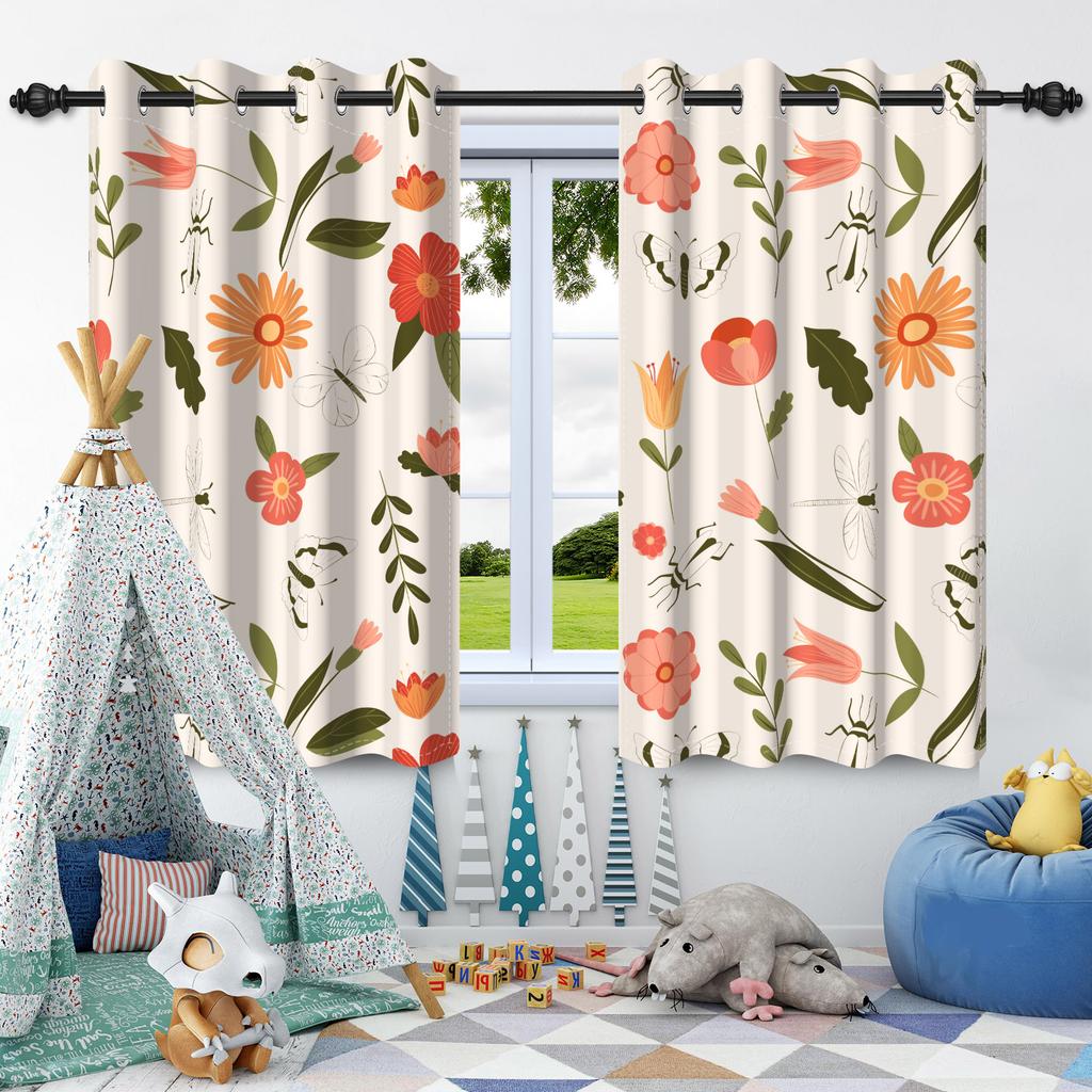Wildflowers Floral Green Plants Window Curtains Blackout Washable Polyester Fabric Bedroom Living Room Home Decor Curtain 2 Pcs