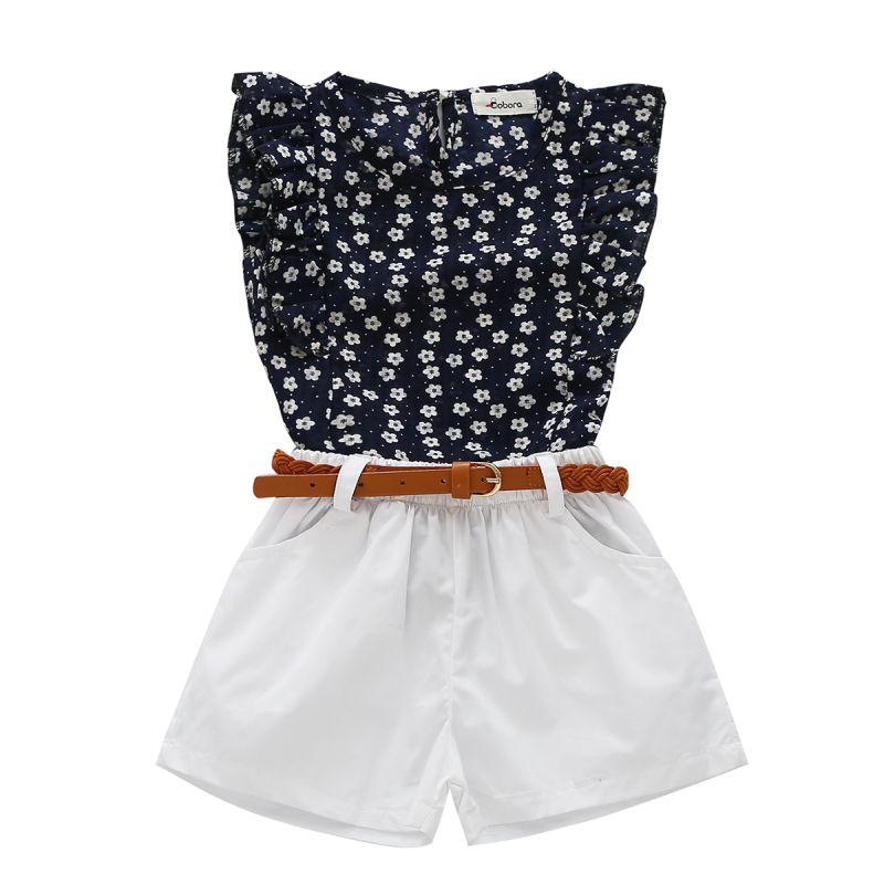 Children Baby Girls Floral Chiffon Polka Dot Sleeveless T-shirt Tops + Shorts Outfits