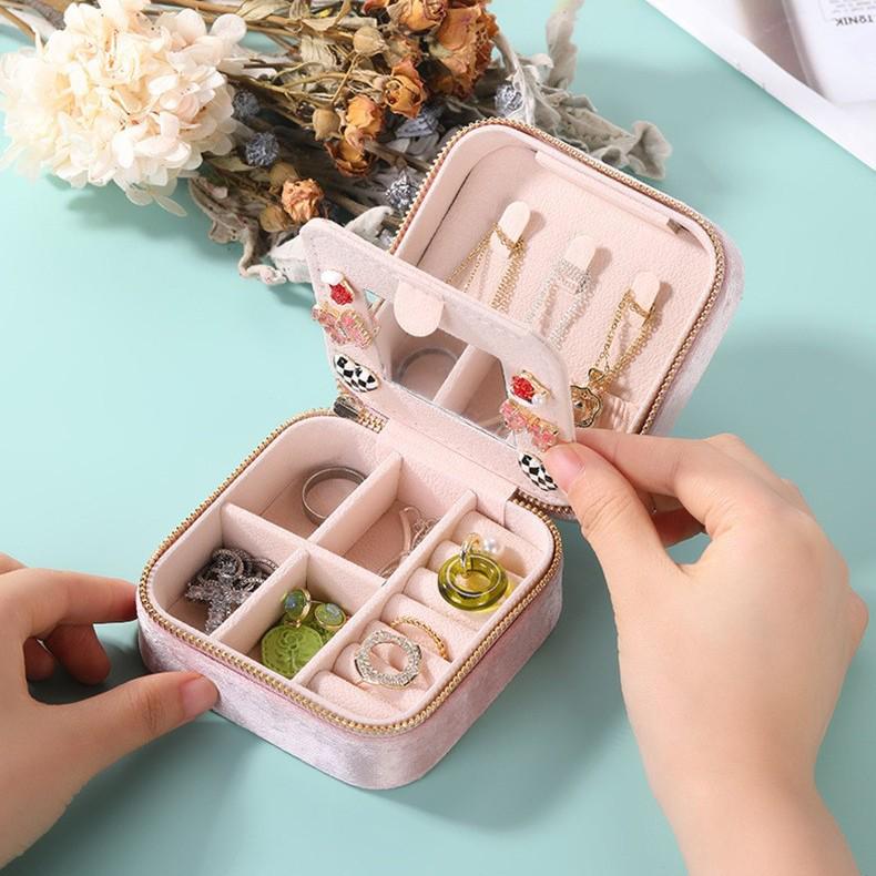 Portable Double-Layer Velvet Jewelry Box with Mirror and Zipper for Earrings and Rings