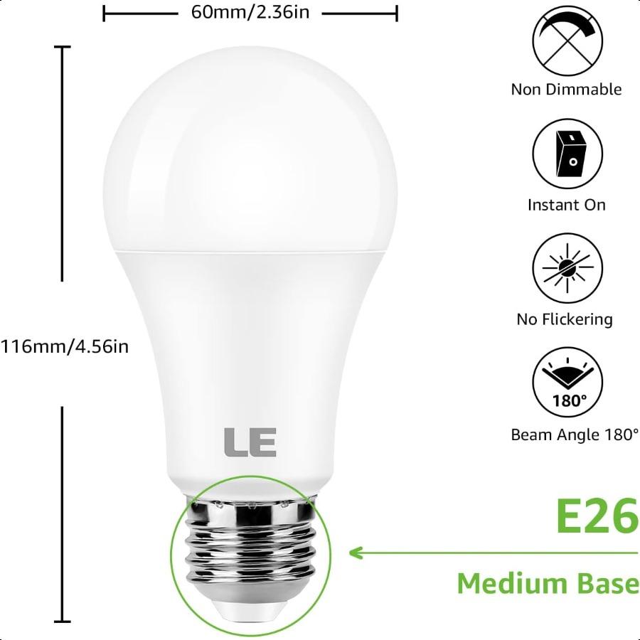 LE 100W Equivalent LED Light Bulbs 14W 1500 Lumens Daylight White 5000K nDimmable A19 E26 Standard Base 10000 Hour Lifetime Pac