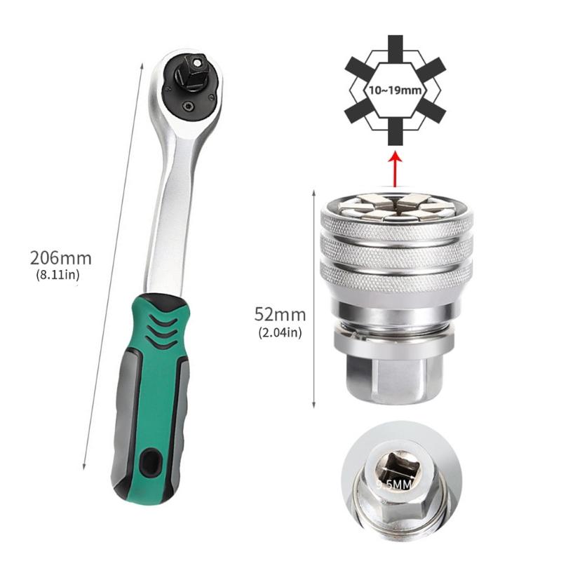 652F Heavy Duty 72 Tooth Ratcheting Wrench Adjustable Socket Spanner 10-19mm Ranging 3/8" Drive Workshop Tool for Mechanics