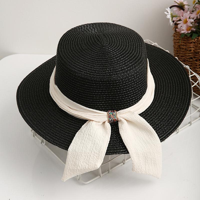 Wide Brim Flat Top Straw Hat Women's Summer Travel Fashion Bow Sunshade Sunscreen Hat Top Hat Casual Beach Sun Hat