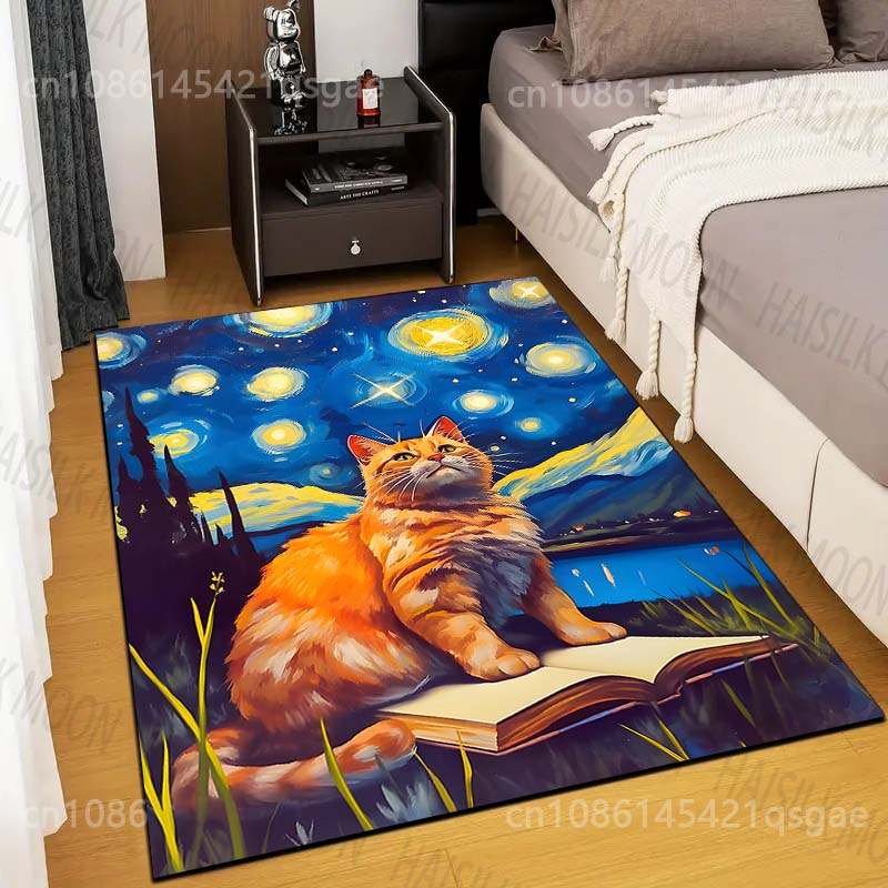 1PC Cat sitting on book under starry sky Print Carpet Rug for Living Room Bedroom Sofa Doormat Home Decor Non-slip Floor Mat