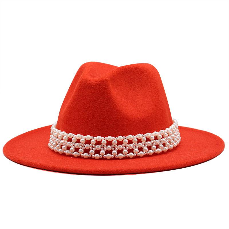 High-Grade Pearl Woolen Top Hat, Flat-Brimmed Big Eave Hat, Versatile Straight-Brimmed Jazz Hat